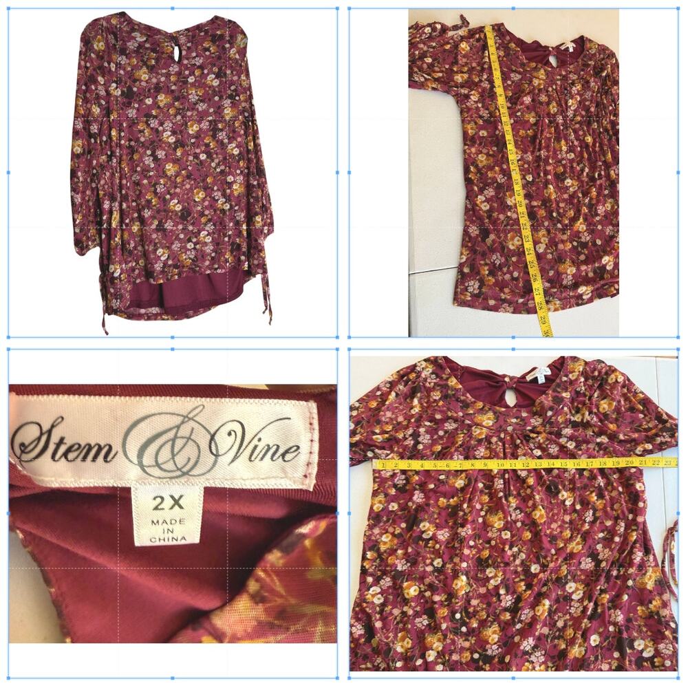 Stem & Vine Floral Peasant Blouse 2X Burgundy Boho Balloon Sleeve Plus - Picture 3 of 13